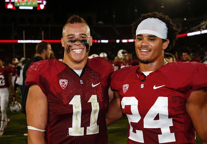130907-Stanford-SanJose-021.JPG - Sept.7, 2013; Stanford, CA, USA; Stanford Cardinal brothers Shayne Skov (11) and Patrick Skov (24) following game against the San Jose State Spartans at  Stanford Stadium. Stanford defeated San Jose State 34-13.